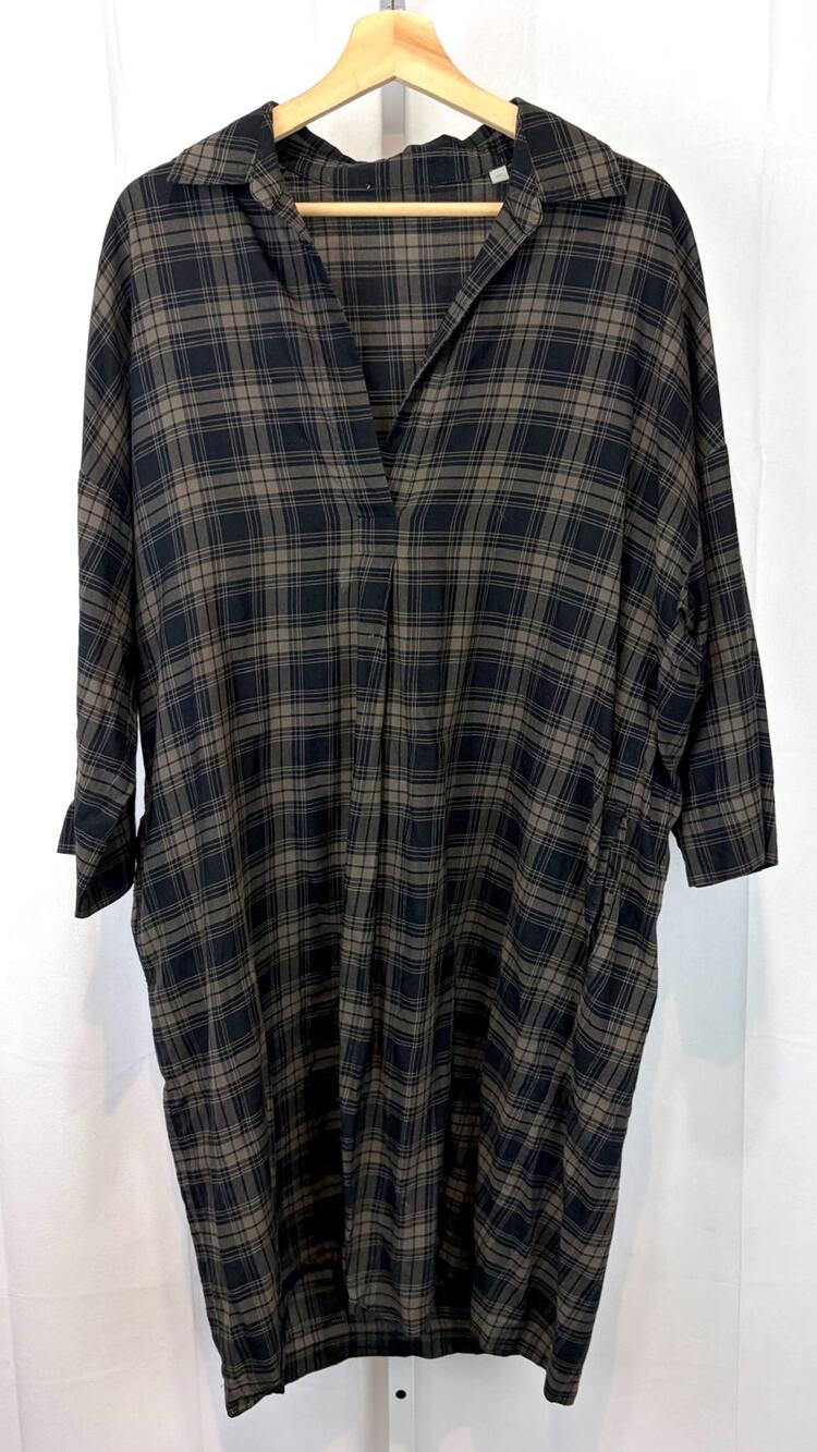 VINCE Easy Plaid Pullover Dress Collared 3/4 Sleeve Cotton Brown Black Size M